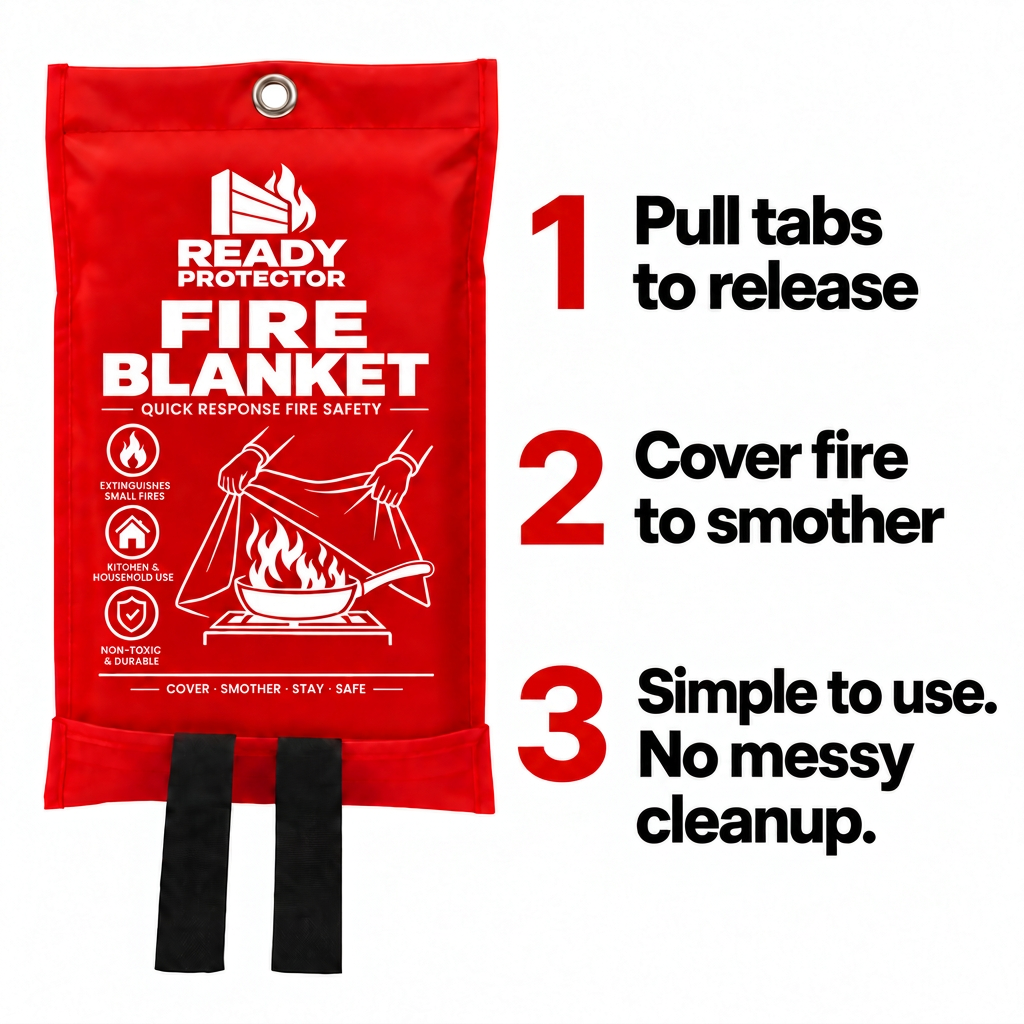Ready Protector fire blanket with pull tabs, cover-to-smother, and no-mess cleanup steps