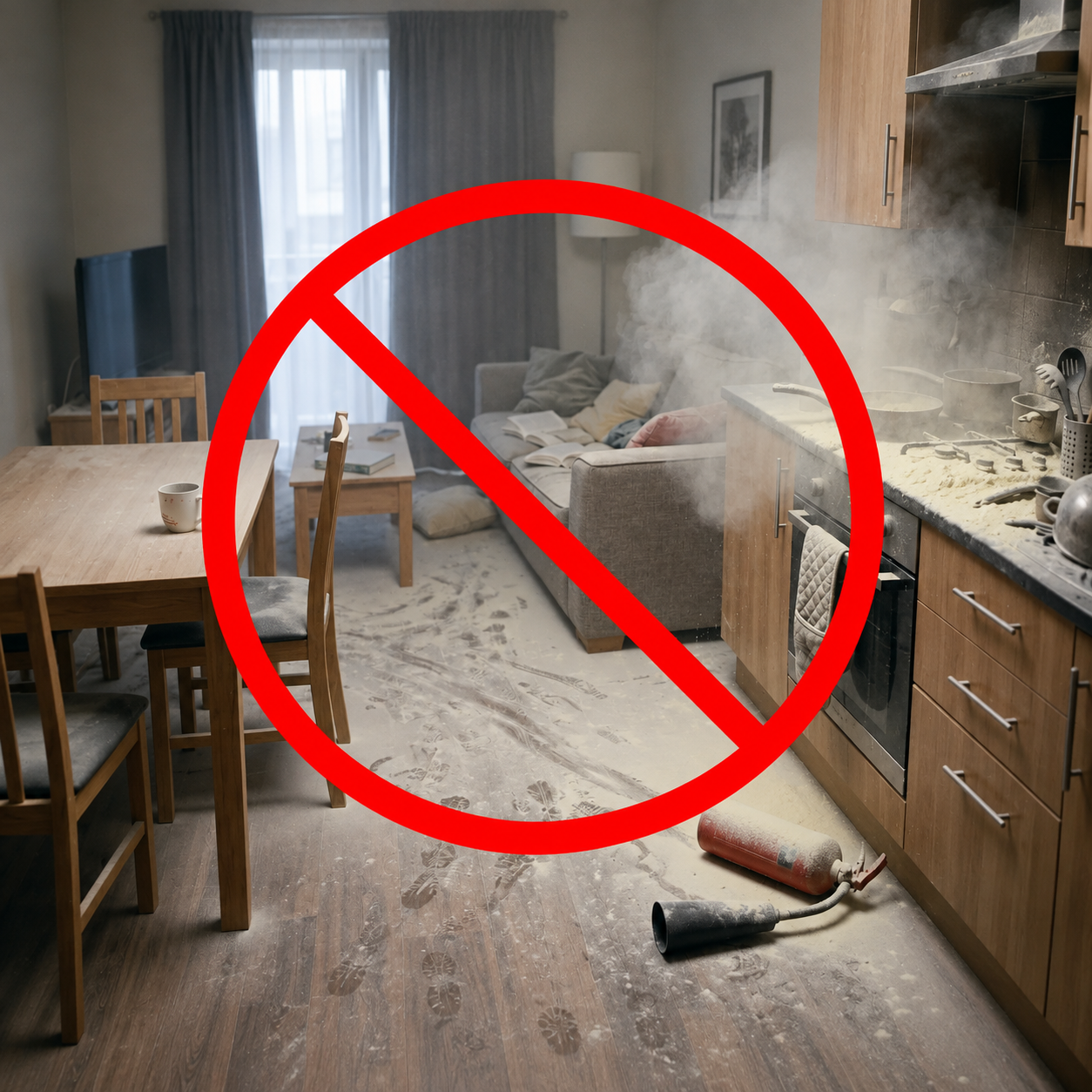 Kitchen covered in extinguisher powder