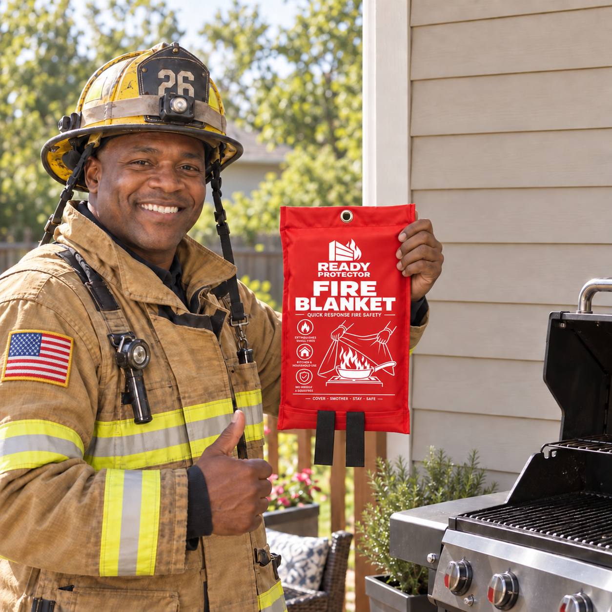 Firefighter holding a Ready Protector emergency fire blanket next to a backyard grill